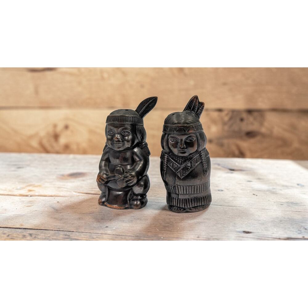 Native Style Salt & Pepper Shakers Brass Made in Japan 2.75" Set Vintage